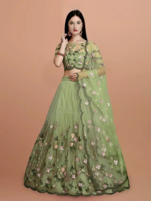 Green premium lehenga choli for wedding with floral embroidery and sheer dupatta for women