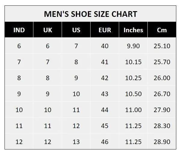 Men's shoe size chart showing IND UK US EUR sizes with inches and cm measurements for premium men's fashion shoes