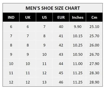 Men's shoe size chart showing IND UK US EUR sizes with inches and cm measurements for premium men's fashion shoes