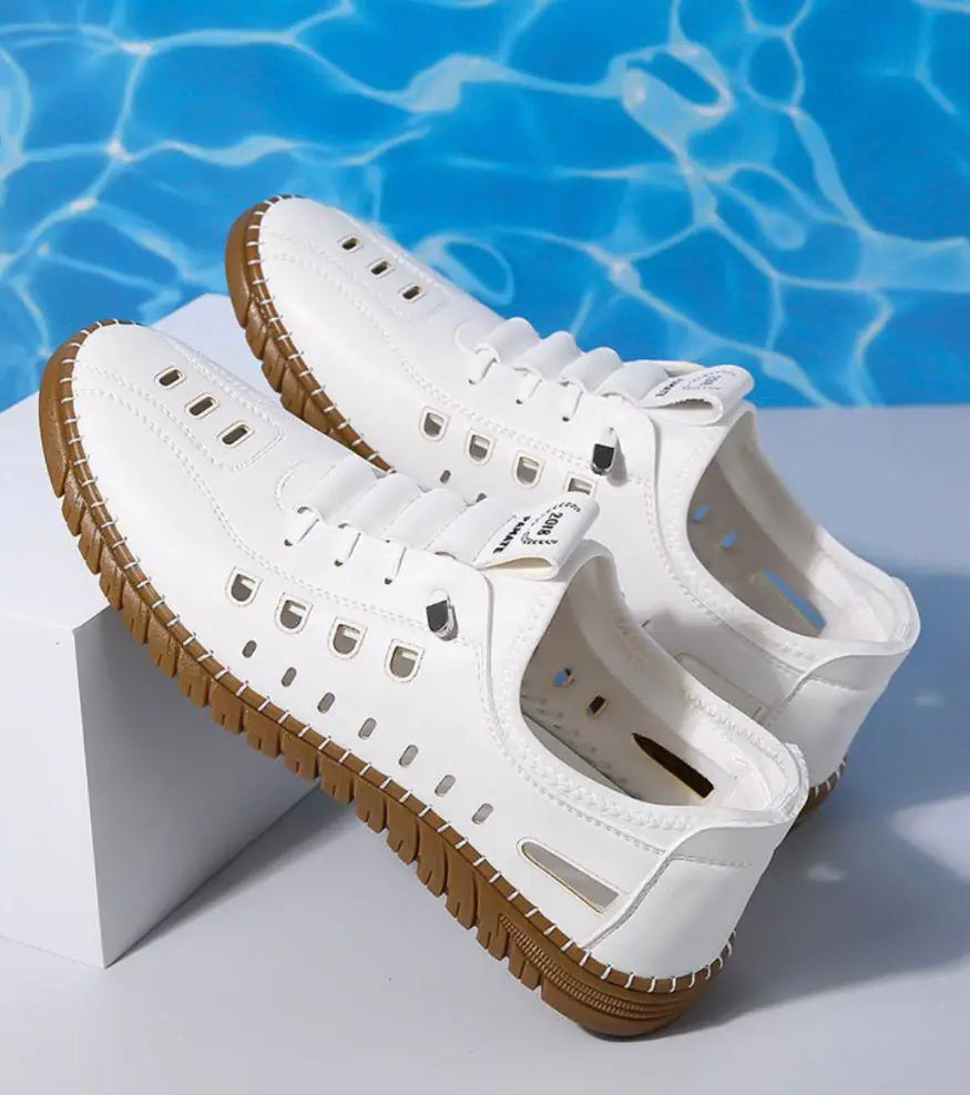 White men's casual shoes with brown soles designed as premium men's fashion shoes