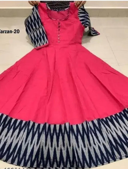 Premium quality gown for women in pink with blue and white patterned sleeves and hem