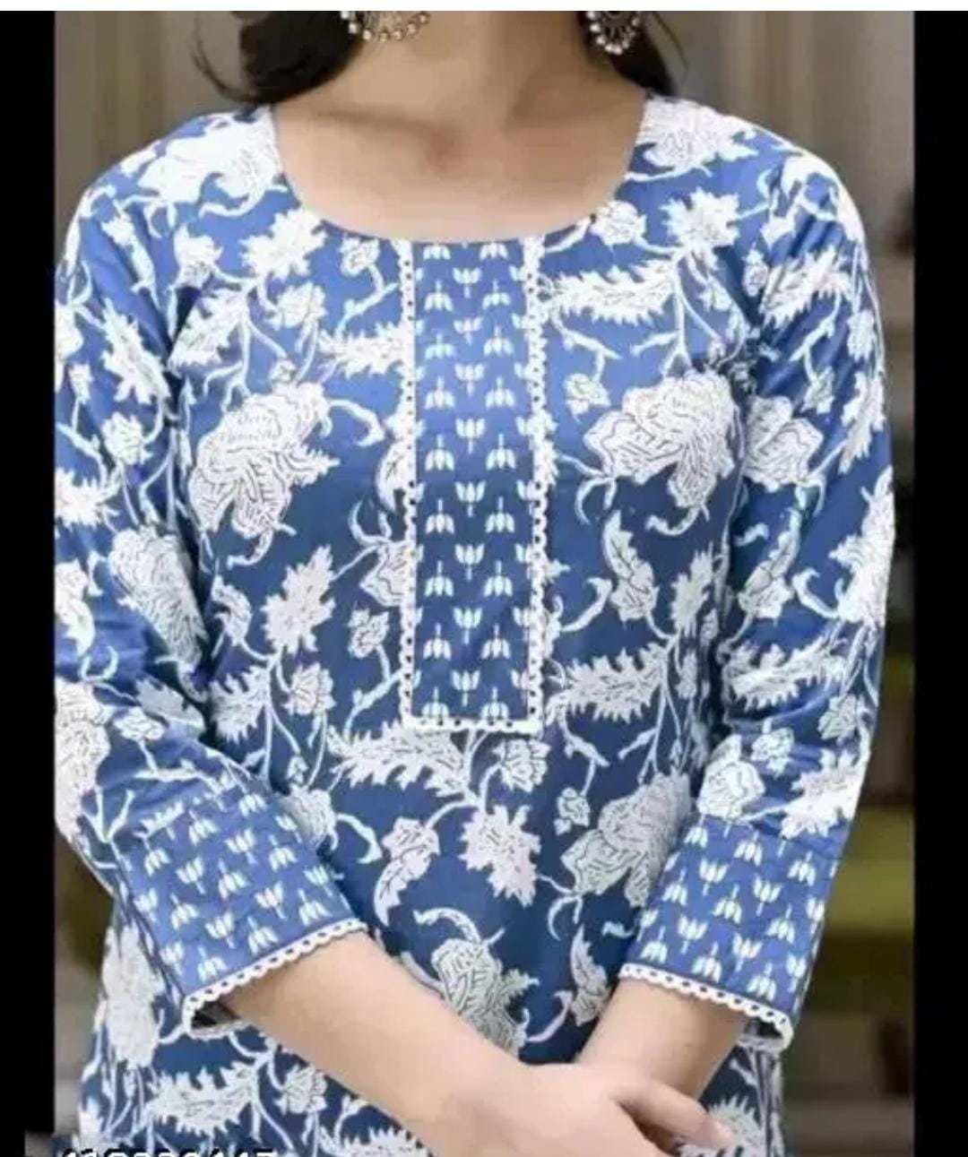 Blue and white women's kurta with floral print and detailed embroidery premium quality kurti for women