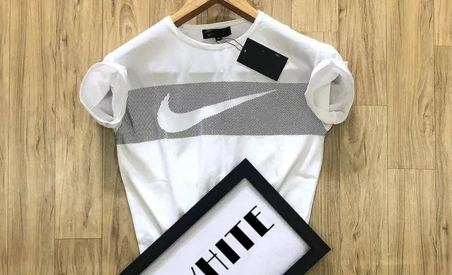 White premium quality men's fashion tee with gray Nike logo on wooden hanger