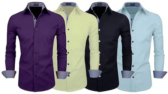 Set of men's premium quality plain shirts in purple, yellow, black, and light blue colors with buttoned long sleeves
