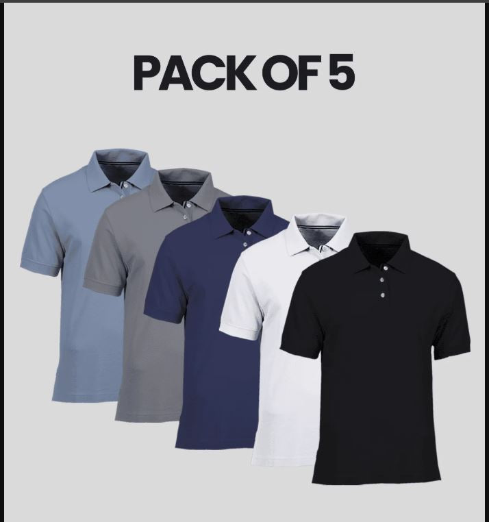 Pack of 5 premium quality polo shirts for men in blue gray navy white and black colors