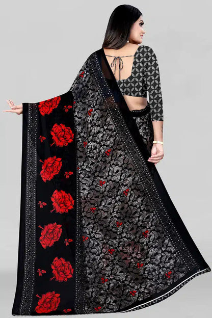 Premium quality saree for women in black with red floral design and intricate silver patterns
