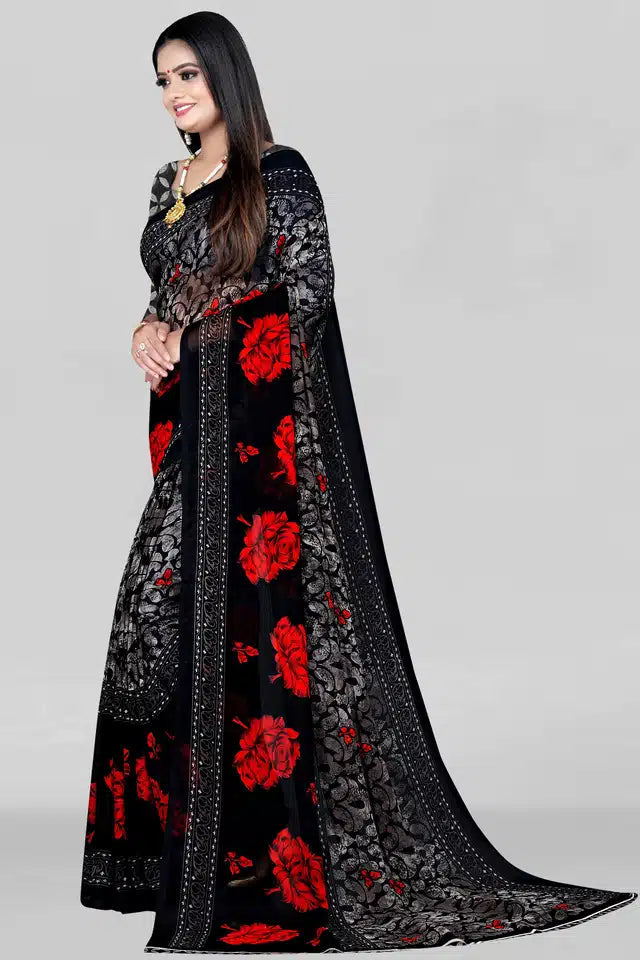 Elegant black and red floral premium quality saree for women with intricate silver patterns