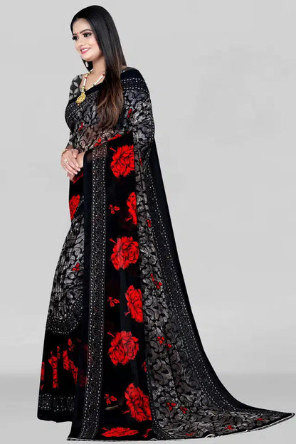 Elegant black and red floral premium quality saree for women with intricate silver patterns
