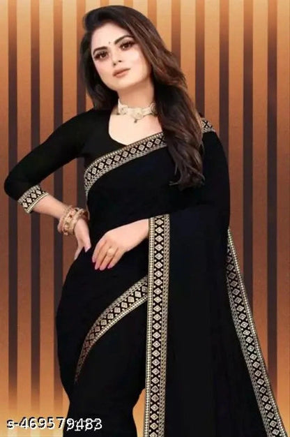 Woman wearing premium quality solid saree in black with gold border and matching black blouse