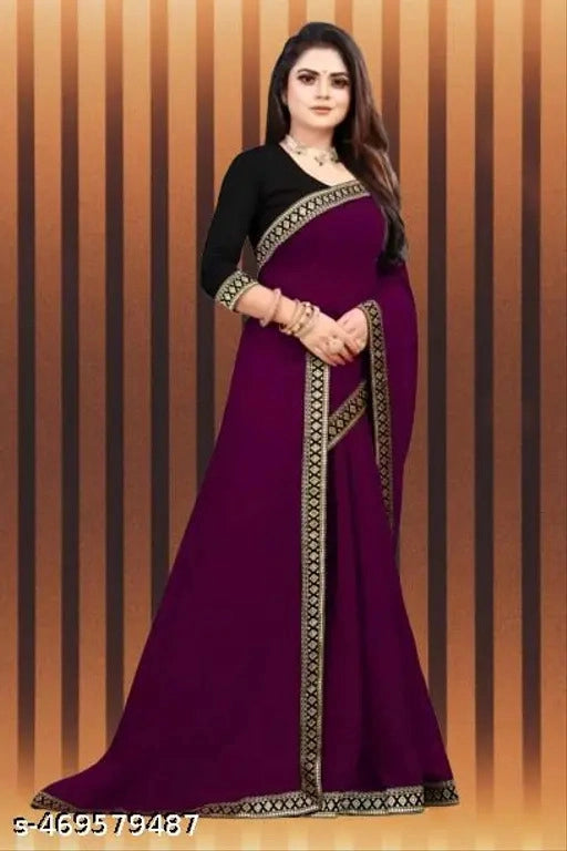 Premium quality solid saree in deep purple with black blouse and gold border detailing