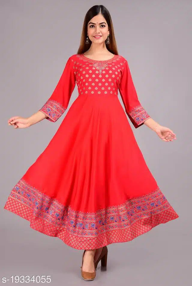 Red women kurti with intricate embroidery and bell sleeves premium quality women kurti India