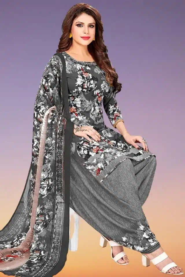 Womens unstitched suit in grey floral design featuring premium suit kapda for women with matching dupatta