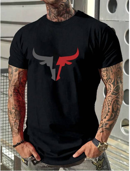 Black printed casual t-shirt for men with red and gray bull head graphic design