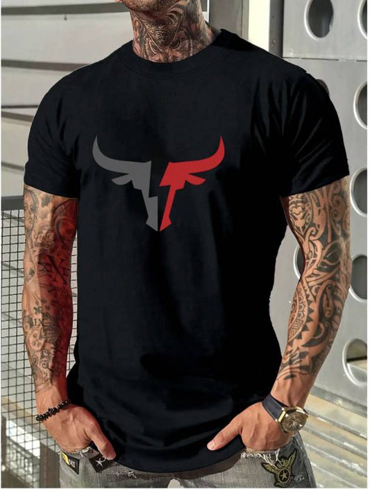 Black printed casual t-shirt for men with red and gray bull head graphic design