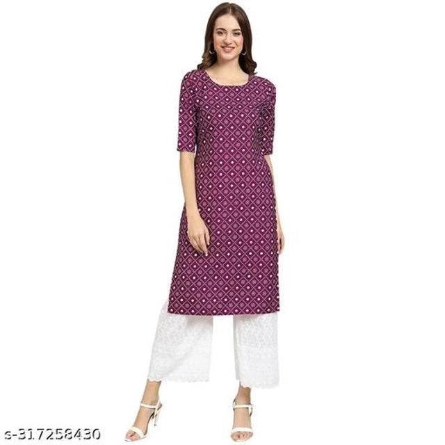 Women wearing a purple printed crepe kurti for office wear paired with white palazzo pants