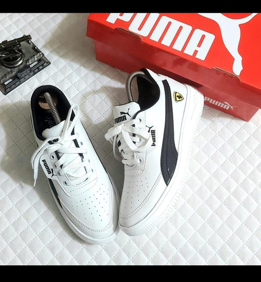 Stylish men's sneakers size 6 to 10 white Puma shoes with black details and red Puma shoe box