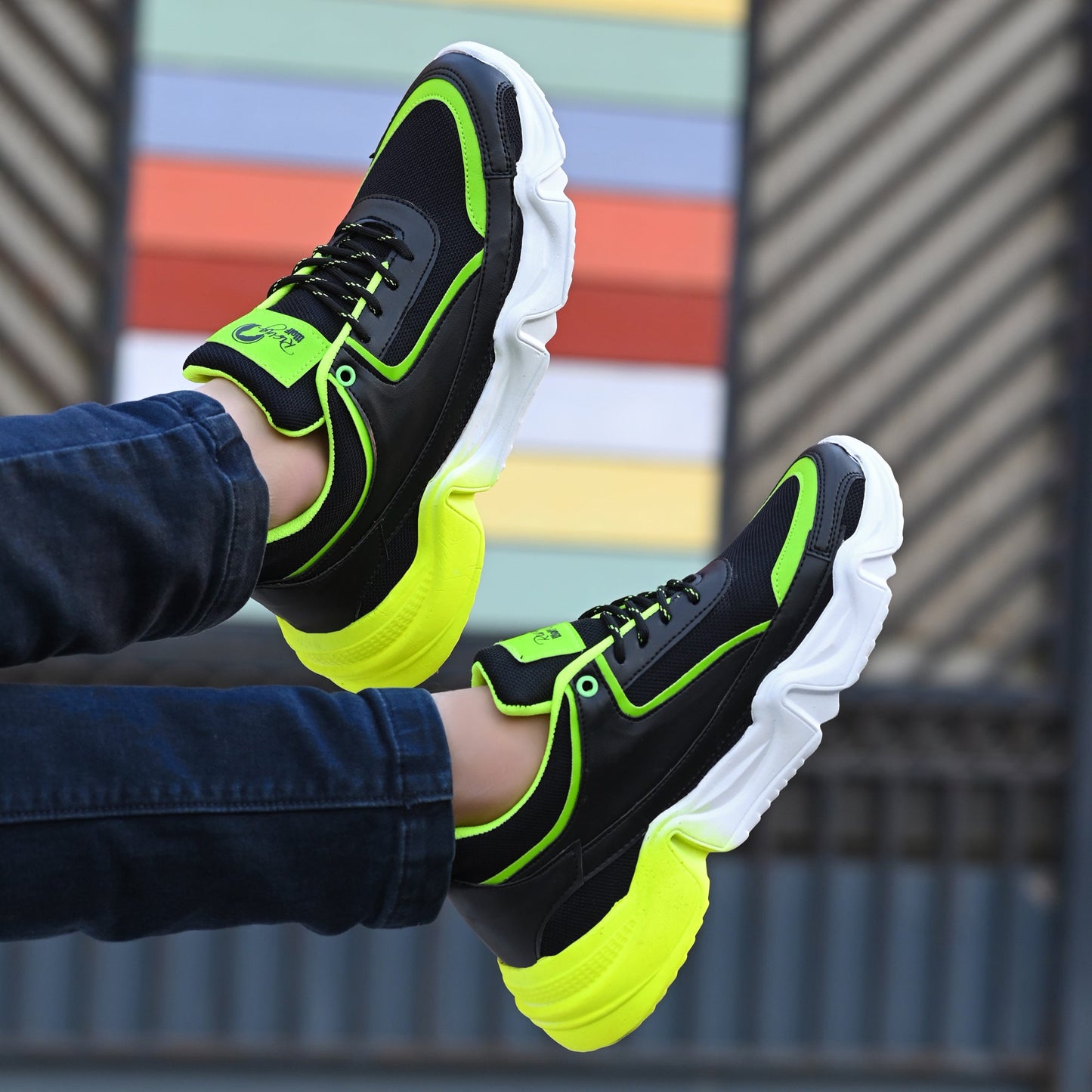 Mens sports shoes in black and neon green with white soles premium quality sports footwear