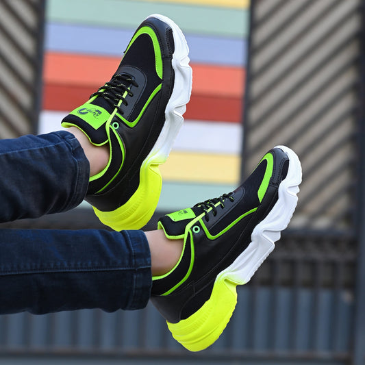 Mens sports shoes in black and neon green with white soles premium quality sports footwear