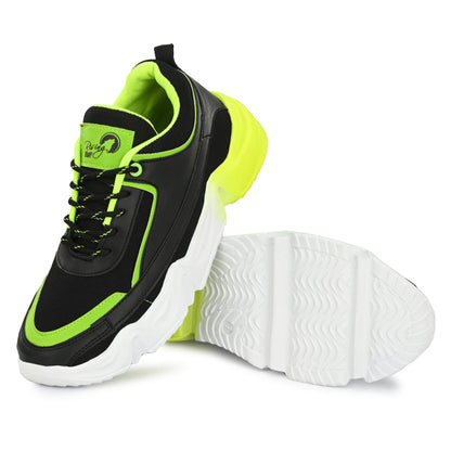 Men's sports shoes in black and neon green with white sole premium quality sports footwear