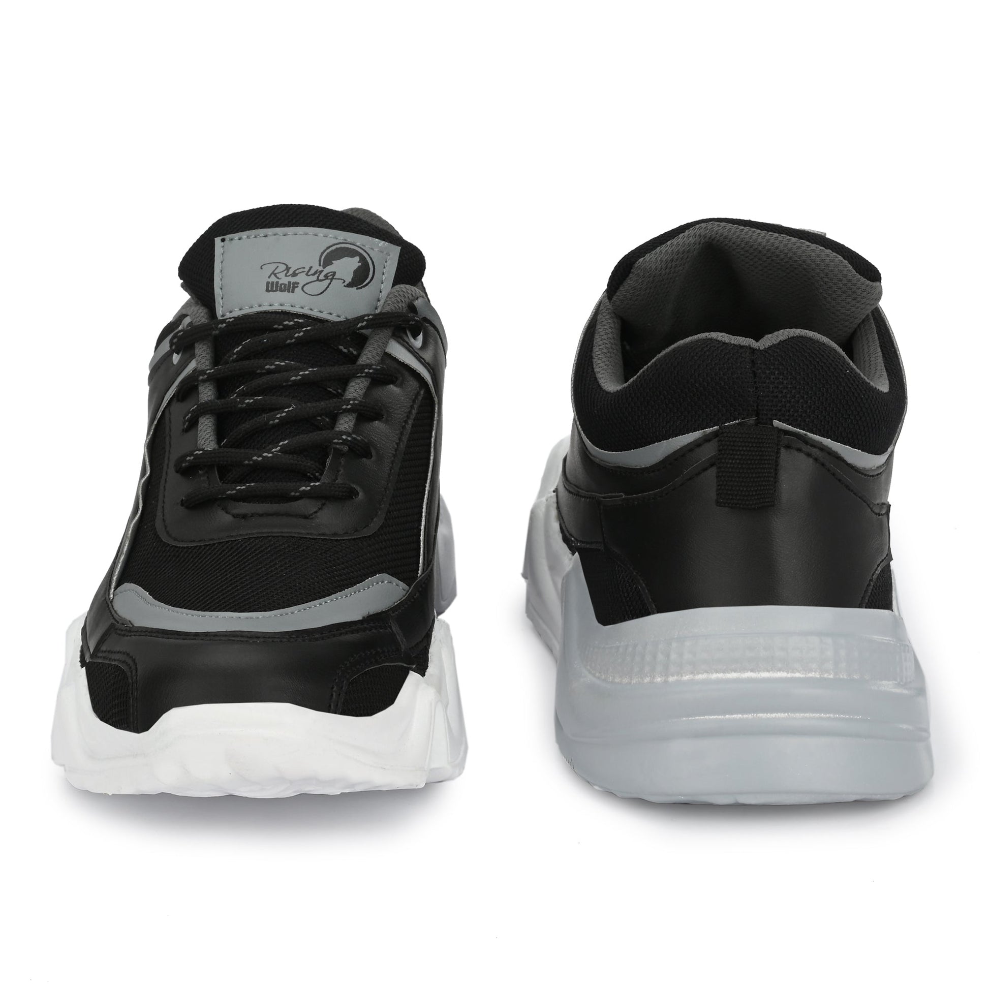 Black and gray comfortable sports shoes for daily wear with cushioned white soles and lace-up design