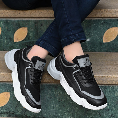 Black and gray comfortable sports shoes for daily wear with white thick soles and lace-up design