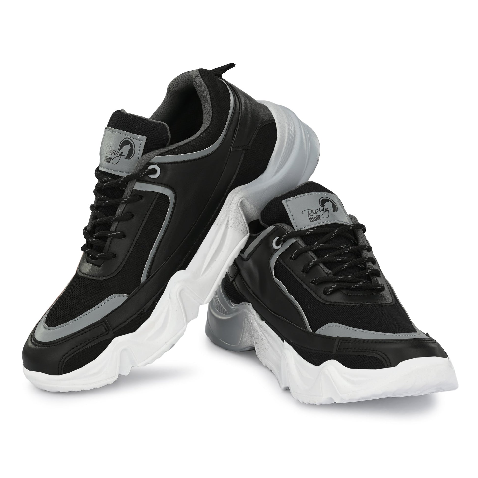 Black and gray comfortable sports shoes for daily wear with white thick sole and lace-up design