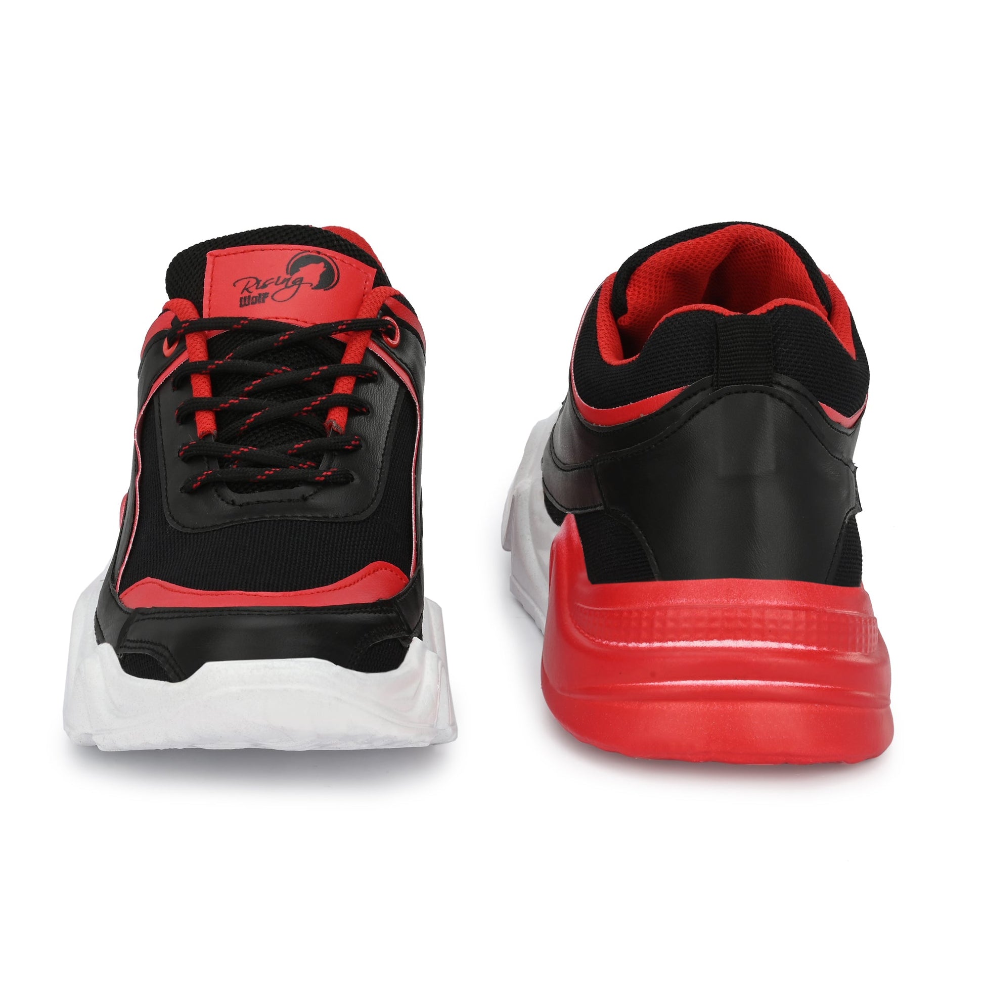 Red sports shoes for men with black accents and white and red sole viewed from front and back