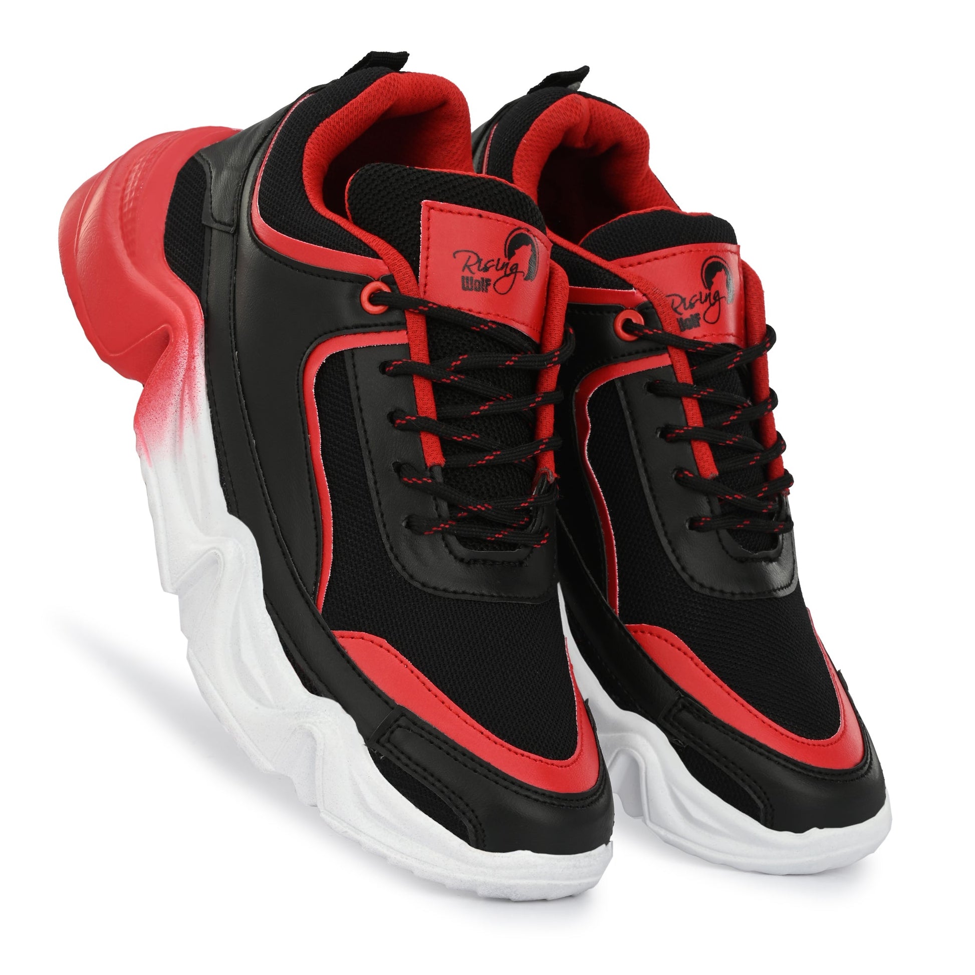 Black and red sports shoes for men with white soles and breathable mesh upper