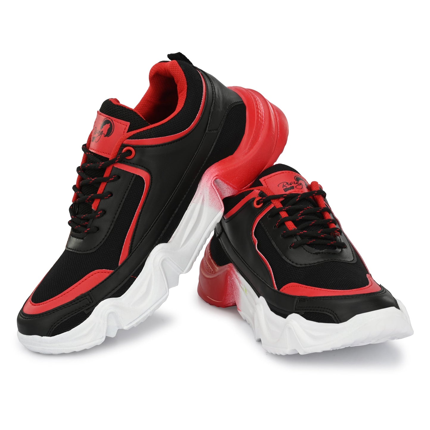 Red sports shoes for men with black accents and thick white soles for enhanced comfort