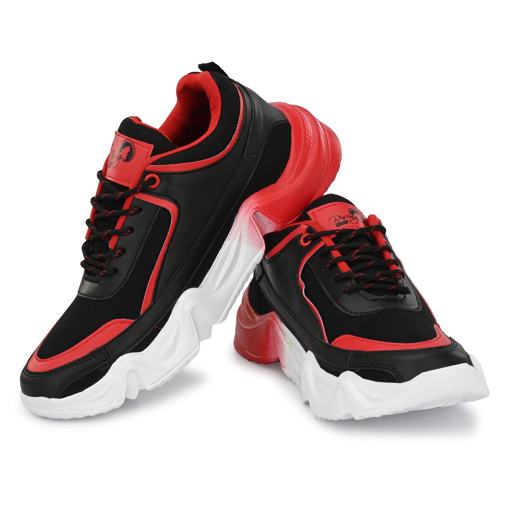 Red sports shoes for men with black accents and thick white soles for enhanced comfort