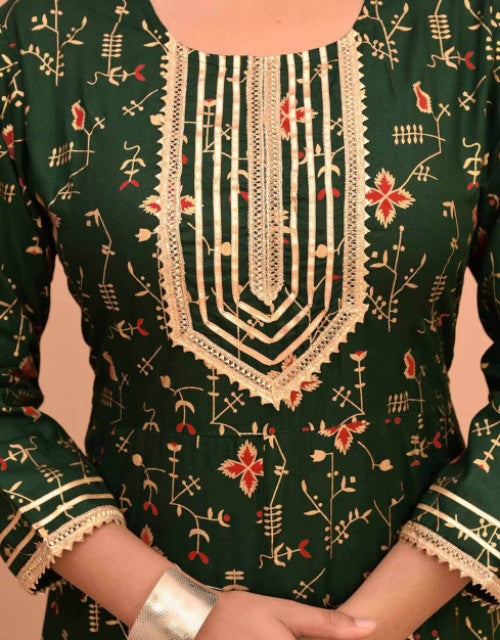 Dropdash women printed kurta set green floral print with embroidered yoke and three quarter sleeves