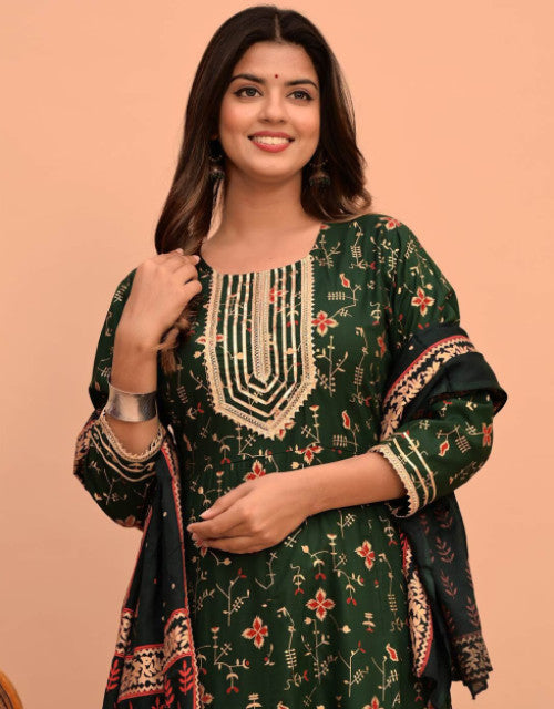 Dropdash women printed kurta set green floral print with embroidered neckline and matching dupatta on model