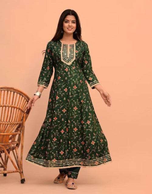 Dropdash women printed kurta set in green floral Anarkali style with embroidered neckline and matching pants