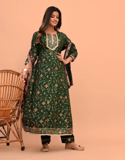 Dropdash women printed kurta set green floral ankle length kurta with embroidered yoke dupatta and churidar pants