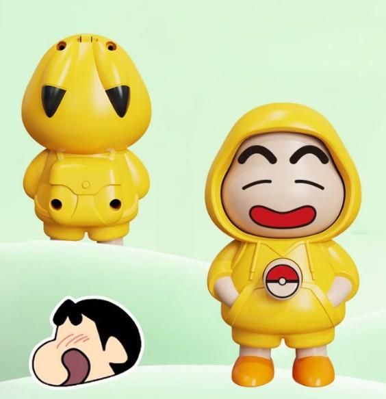 Yellow Shinchan figure wearing hoodie with face change feature and Pokeball design Shinchan face changing keychain