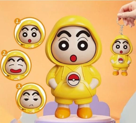 Shinchan face changing keychain in yellow hoodie with three interchangeable facial expressions