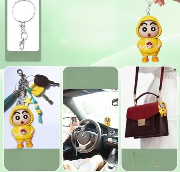 Shinchan face changing keychain in yellow outfit shown attached to keys, car dashboard, and handbag