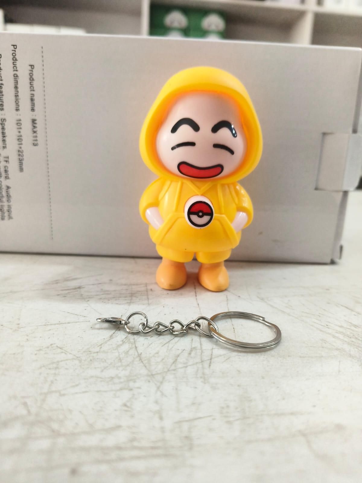 Shinchan face changing keychain with yellow hooded figure and expressive facial features