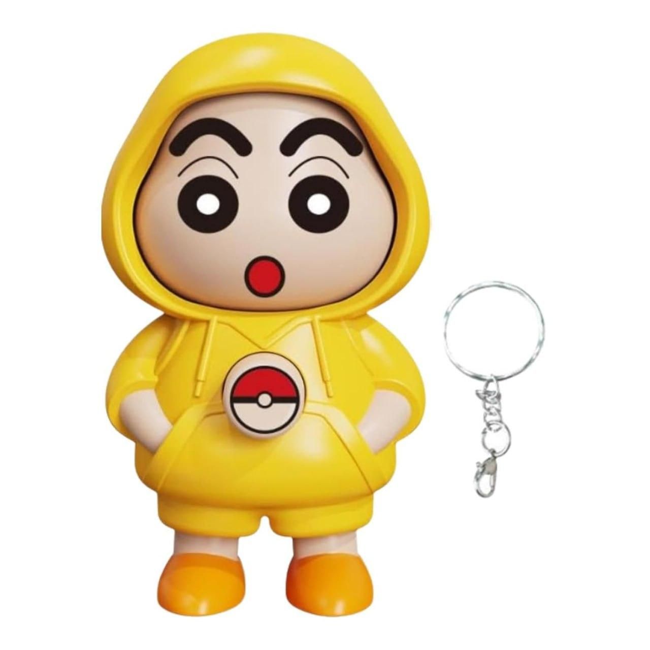 Yellow Shinchan face changing keychain with hooded outfit and detached metal key ring