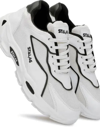 QuickGadgets men's white sports shoes with black accents and cushioned soles for active wear