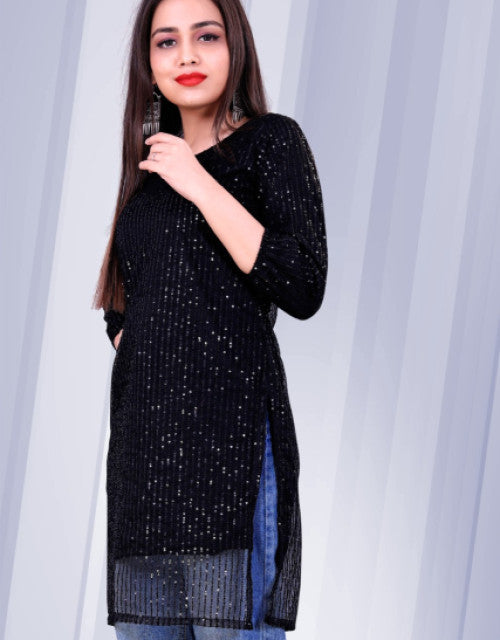 Dropdash stylish kurti for women in black with sequin details and side slits, perfect girls clothing