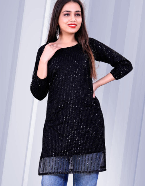 Dropdash black stylish kurti for women with full sleeves and sequin detailing paired with blue jeans