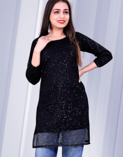 Dropdash black stylish kurti for women with full sleeves and sequin detailing paired with blue jeans