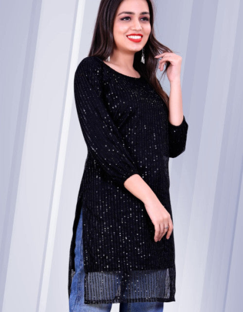 black stylish kurti for women with sequins and three-quarter sleeves paired with blue jeans