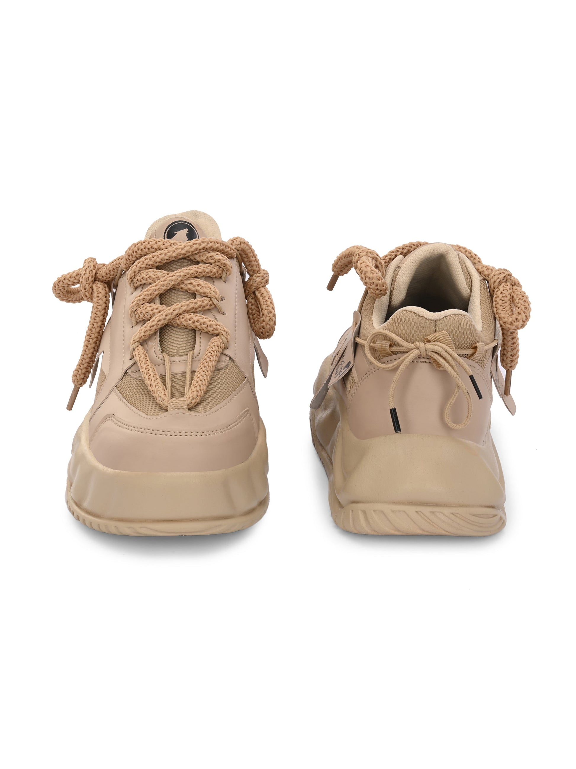 Front and back view of tan sport shoes for men with thick laces and cushioned soles