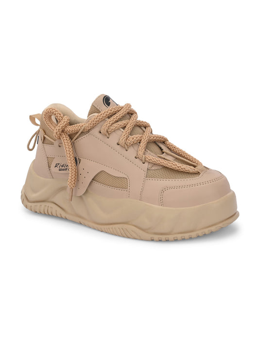 Tan sport shoes for men with thick textured sole and lace-up design