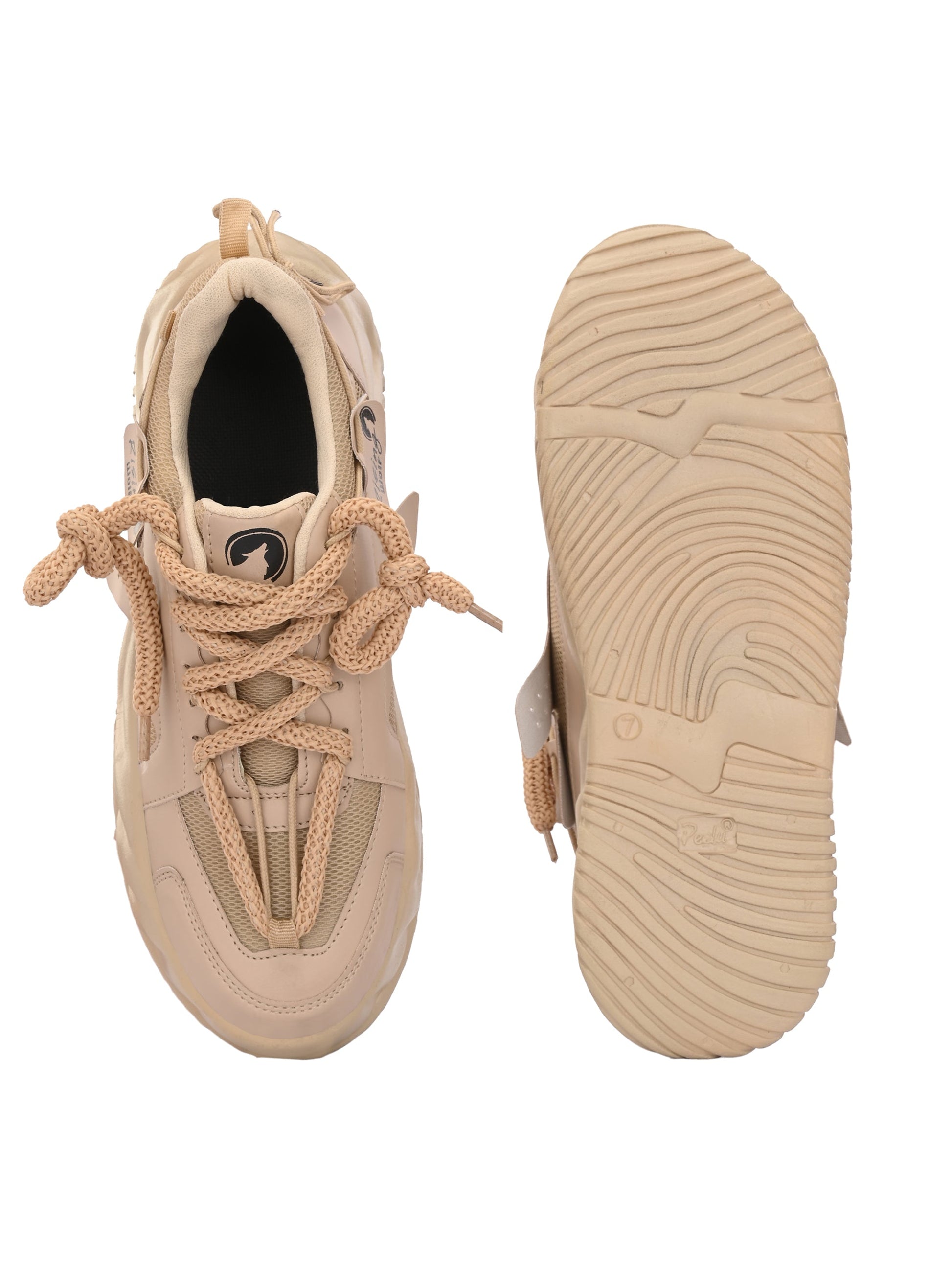 Tan sport shoes for men with textured sole and thick laces shown from top and bottom view