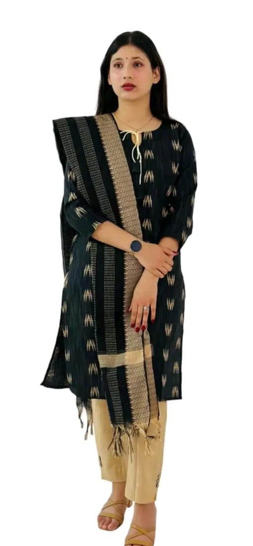 Woman wearing a trendy cotton kurti set in black with beige patterned dupatta and beige pants