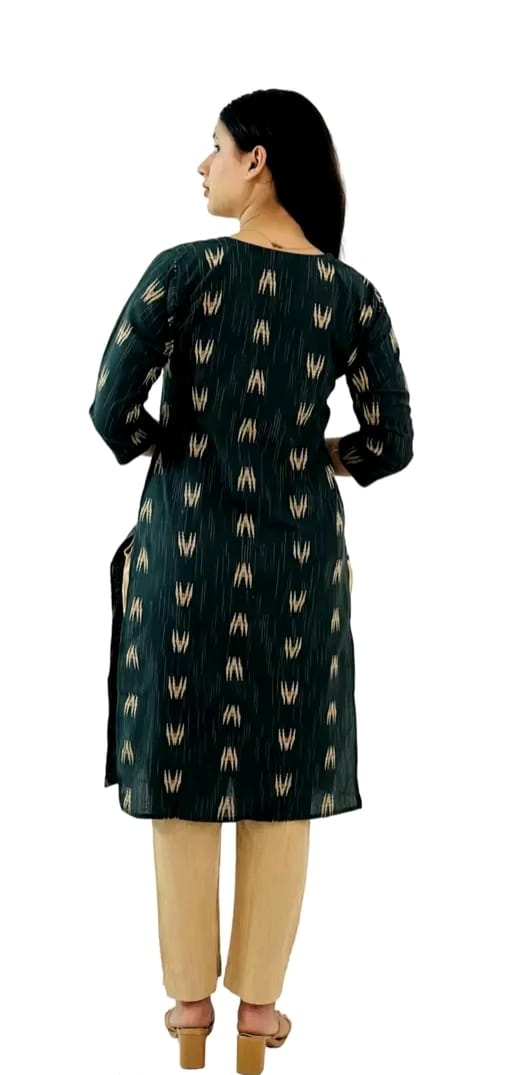 Back view of a woman wearing a trendy cotton kurti set with black printed kurti and beige pants