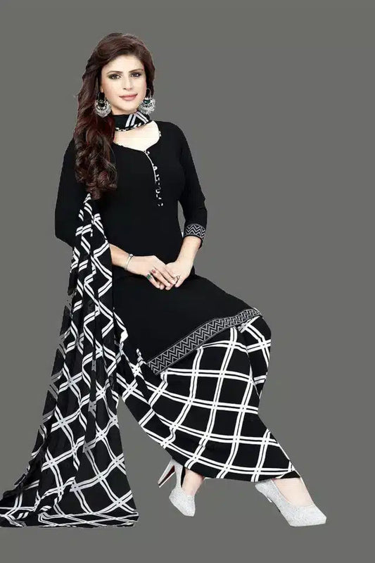 Womens unstitched black suit with white geometric patterns trendy ethnic wear for girls